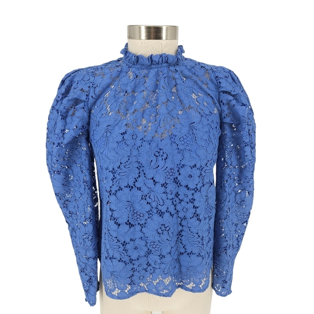 Express Blouse Blue Floral Lace Puff Long Sleeve High Neck Tank Top XS